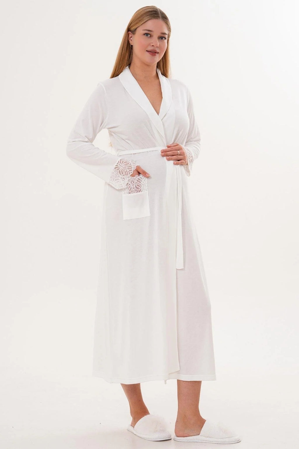 Lace Sleeve Long Maternity Robe Ecru - C6306