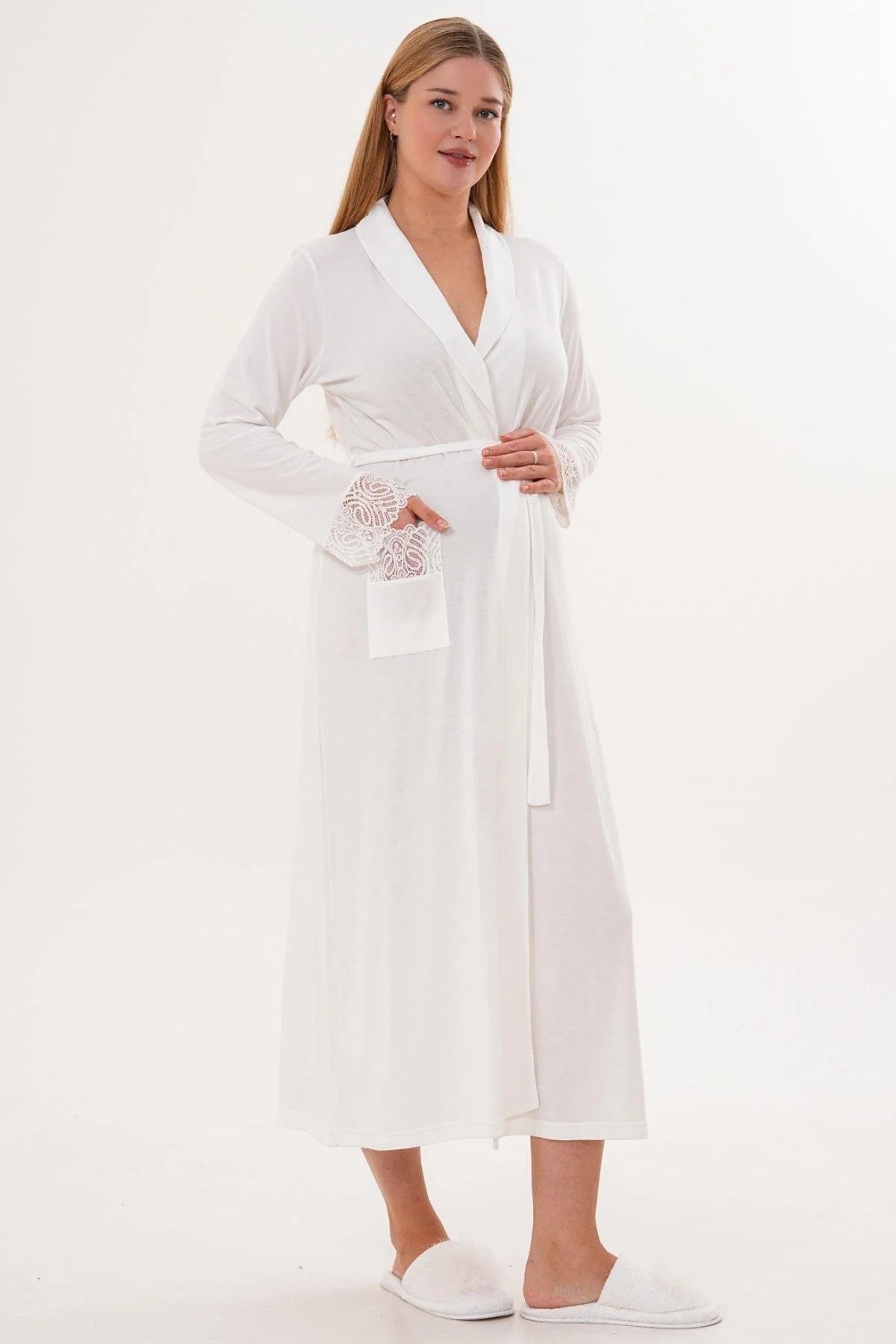 Lace Sleeve Long Maternity Robe Ecru - C6306