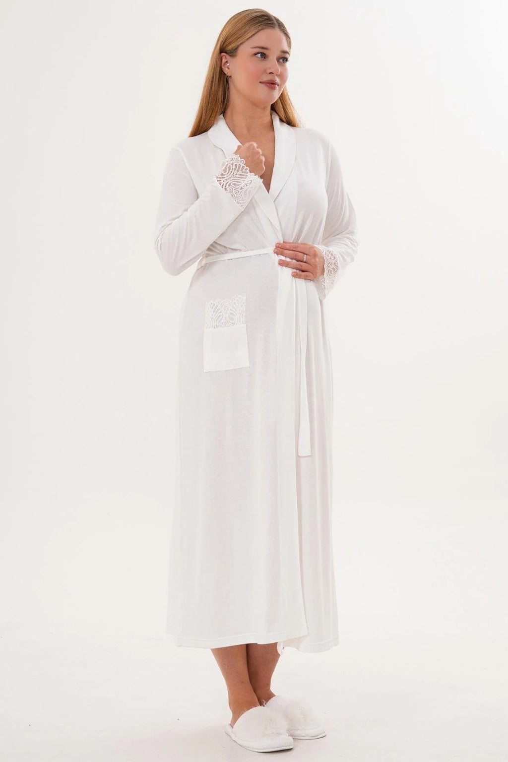 Lace Sleeve Long Maternity Robe Ecru - C6306