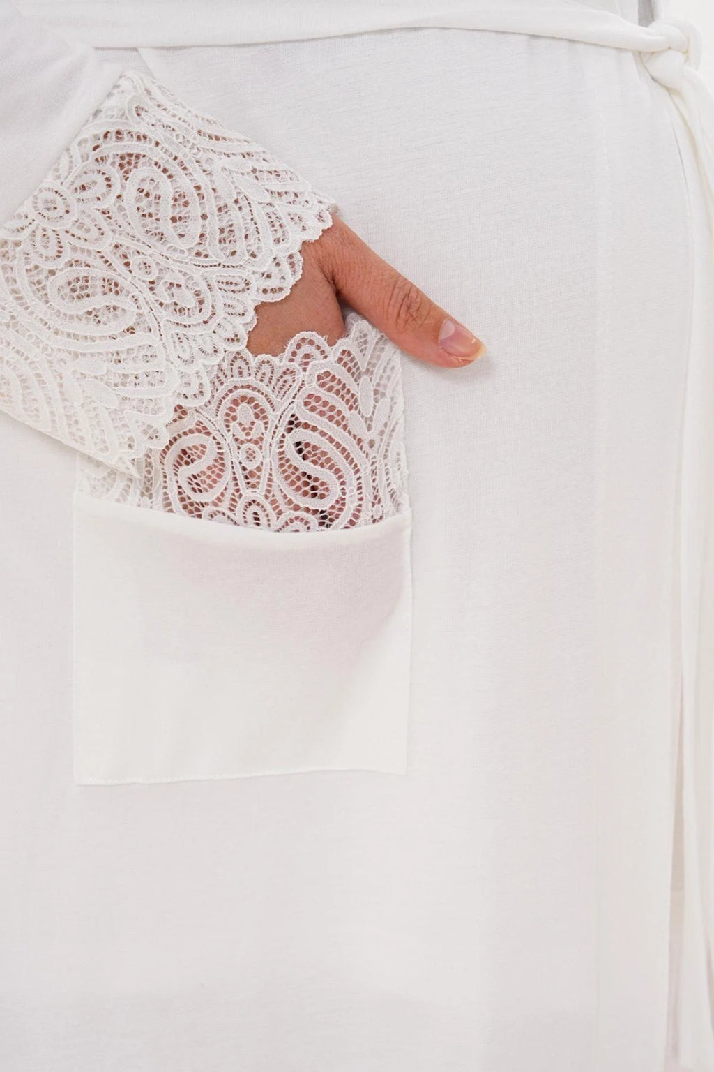 Lace Sleeve Long Maternity Robe Ecru - C6306
