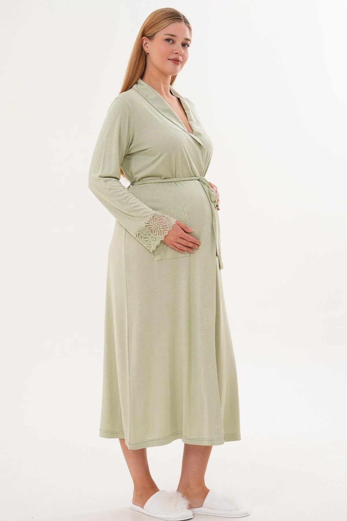 Lace Sleeve Long Maternity Robe Green - C6306