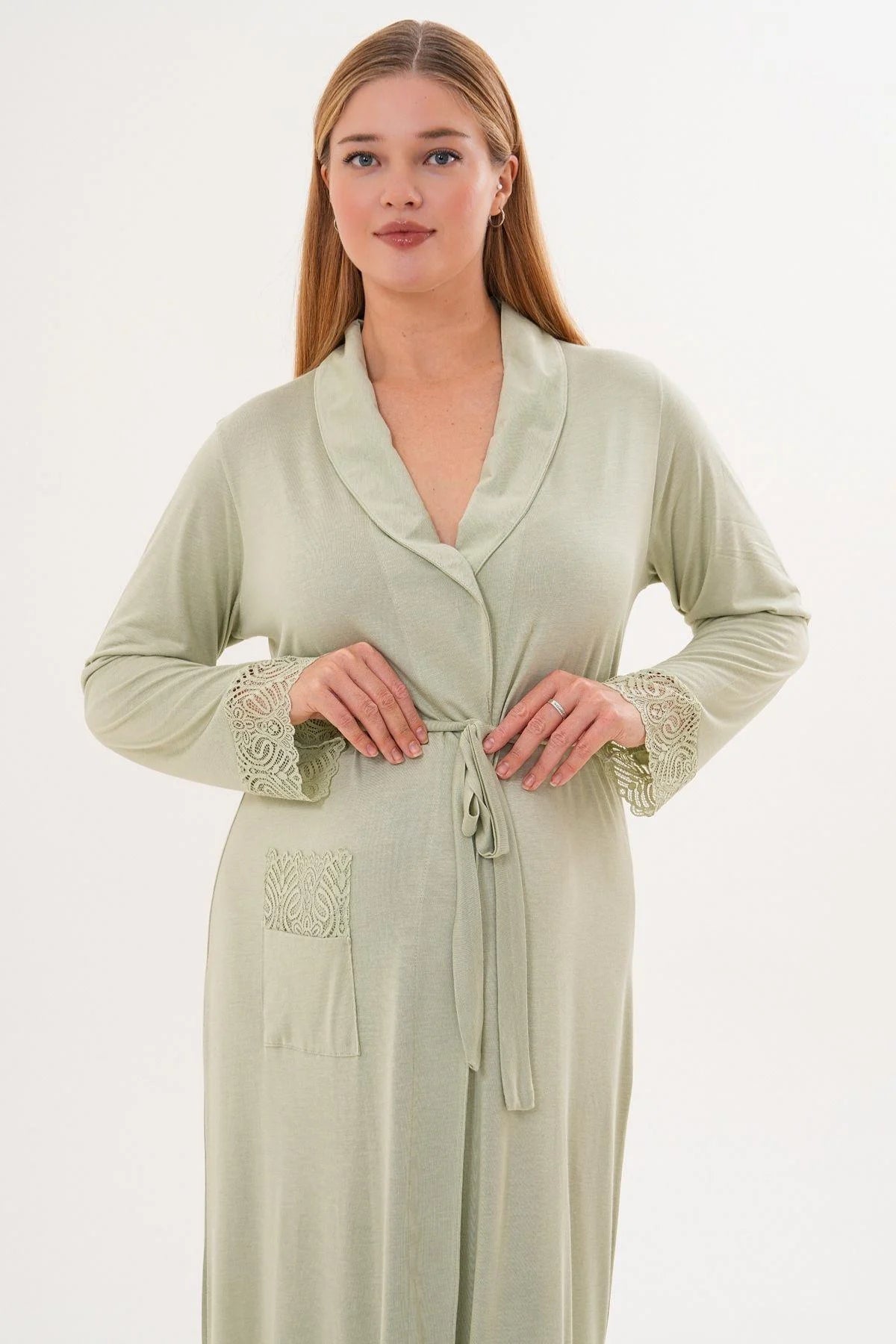 Lace Sleeve Long Maternity Robe Green - C6306
