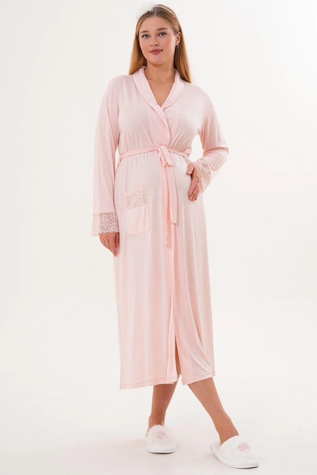 Lace Sleeve Long Maternity Robe Powder - C6306