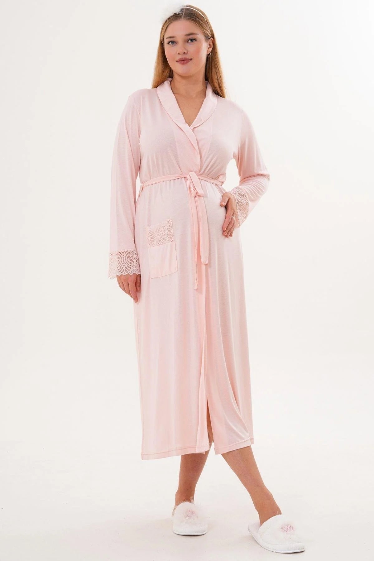 Lace Sleeve Long Maternity Robe Powder - C6306