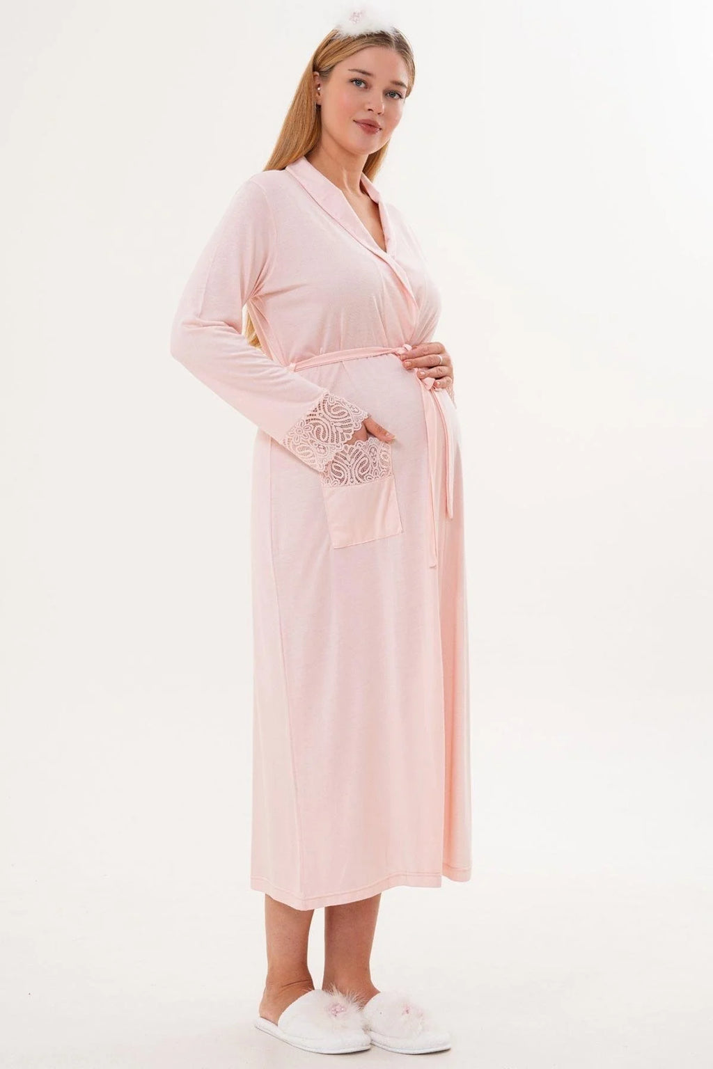Lace Sleeve Long Maternity Robe Powder - C6306