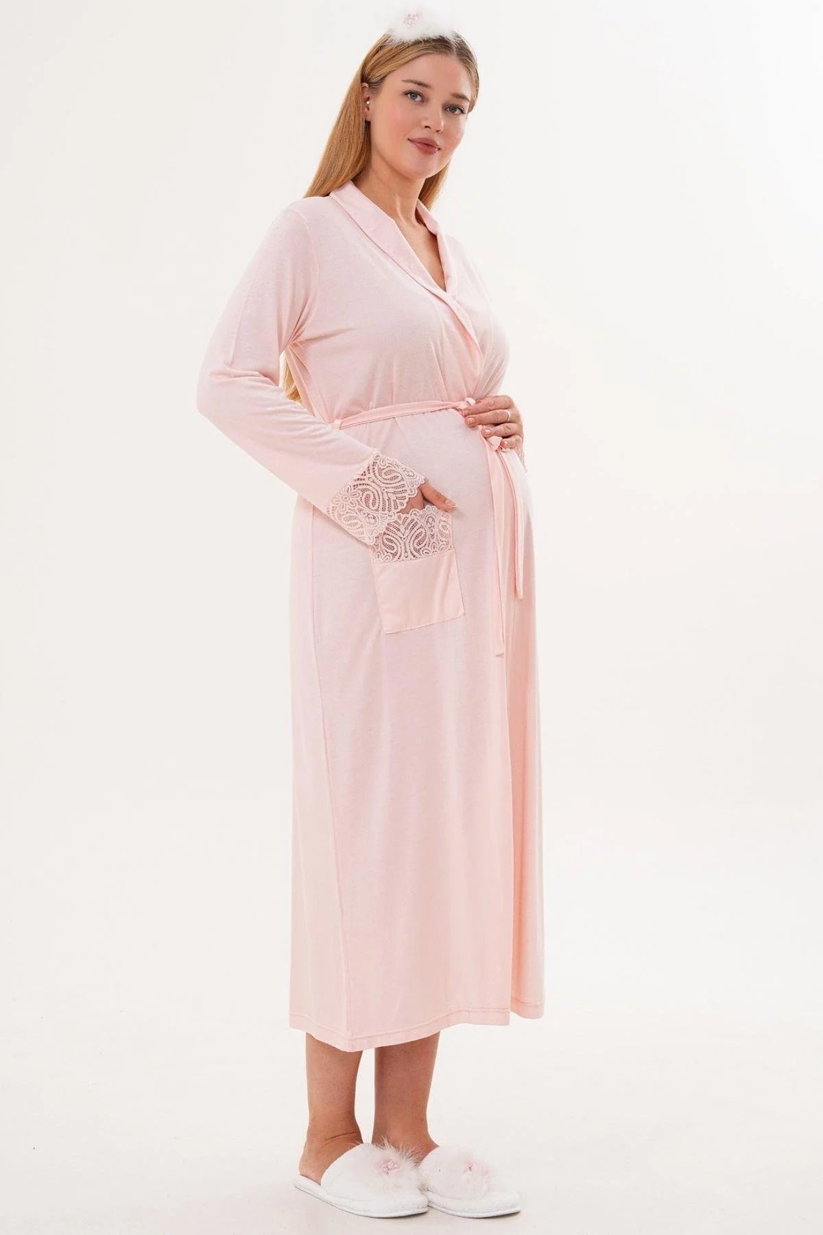 Lace Sleeve Long Maternity Robe Powder - C6306