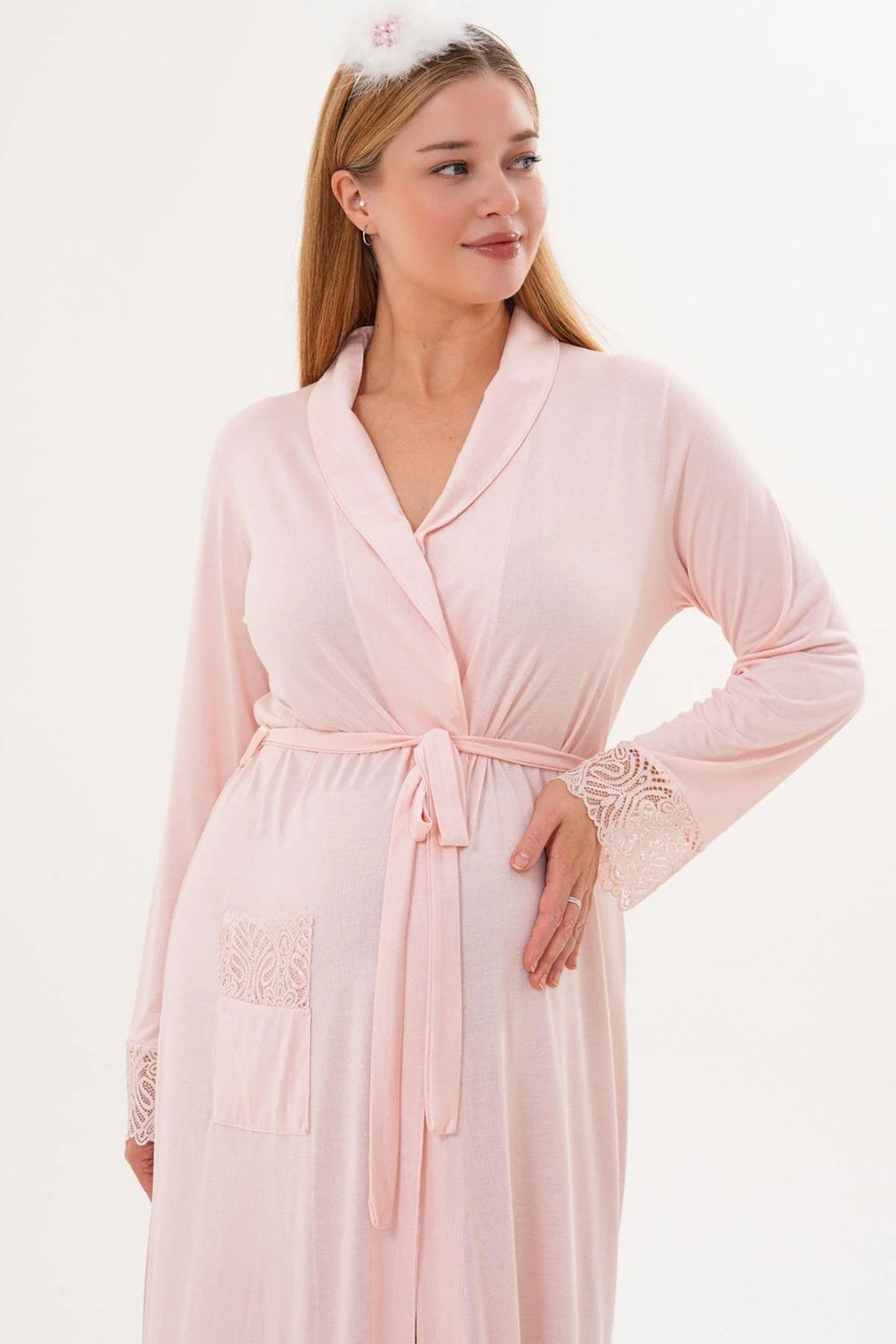 Lace Sleeve Long Maternity Robe Powder - C6306