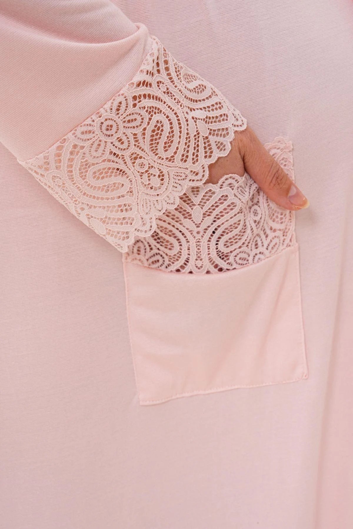 Lace Sleeve Long Maternity Robe Powder - C6306