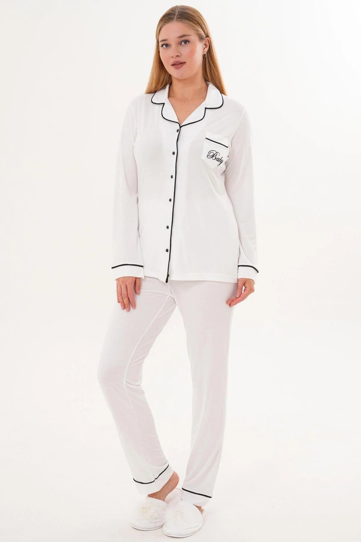 Bias Baby Printed Maternity Feeding-Friendly Pajama Set Ecru - C6307