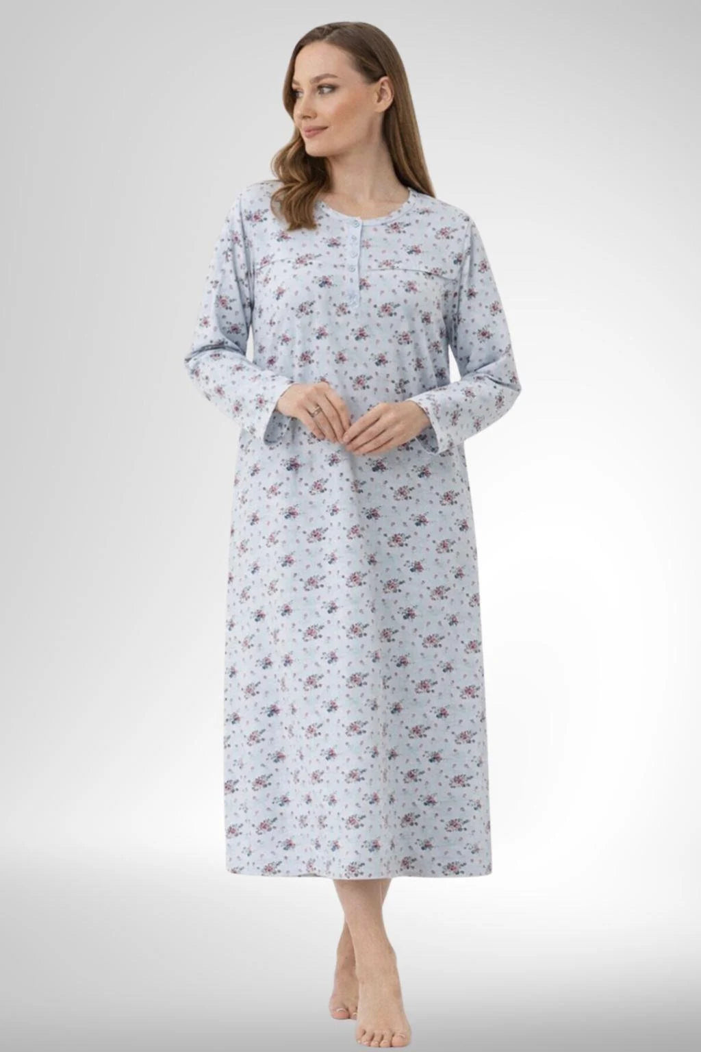 Patterned Plus Size Maternity Feeding-Friendly Nightgown & Robe Set Blue - C6312