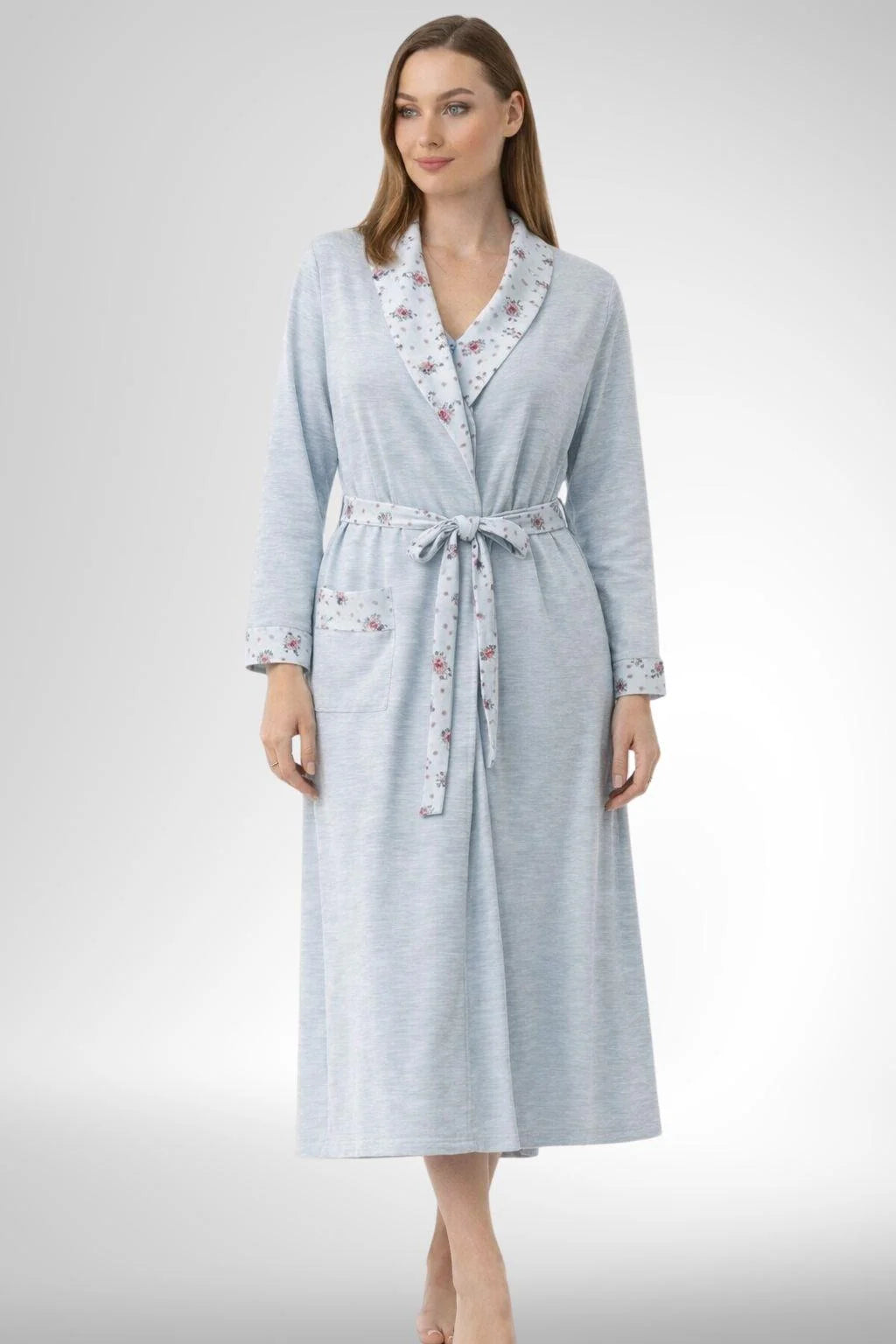 Patterned Plus Size Maternity Feeding-Friendly Nightgown & Robe Set Blue - C6312