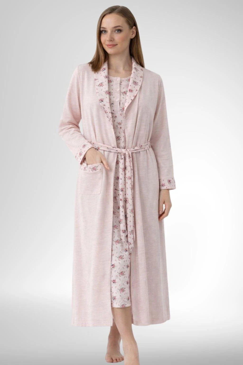 Patterned Plus Size Maternity Feeding-Friendly Nightgown & Robe Set Powder - C6312
