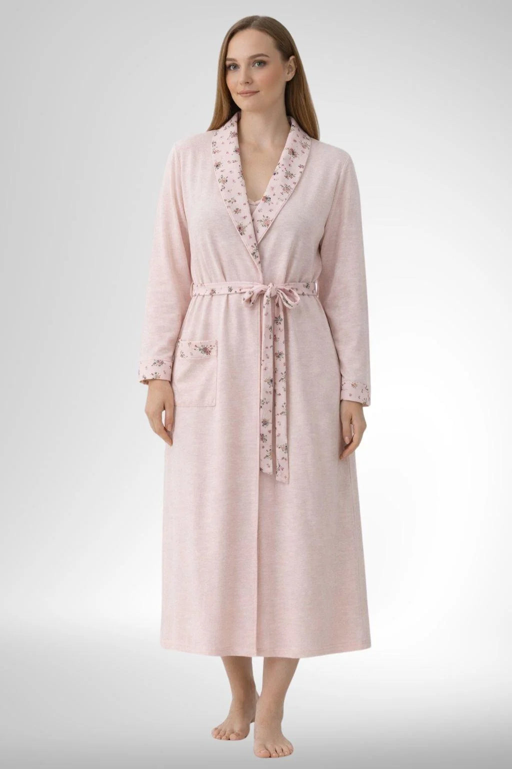 Patterned Collar Plus Size Maternity Feeding-Friendly Nightgown & Robe Set Powder - C6313