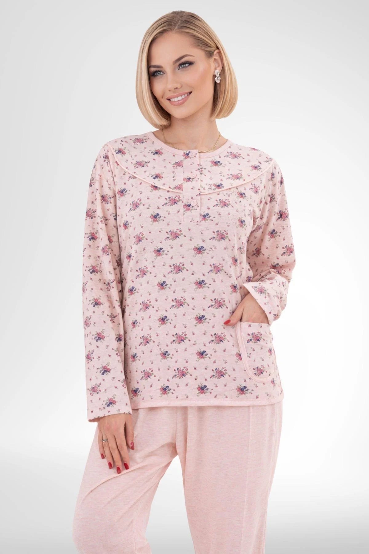 Patterned Plus Size Maternity Feeding-Friendly Pajama Set Powder - C6314