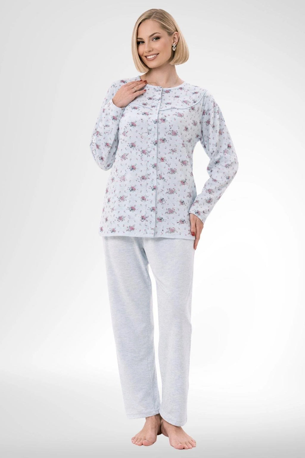 Patterned Buttoned Plus Size Maternity Feeding-Friendly Pajama Set Blue - C6315