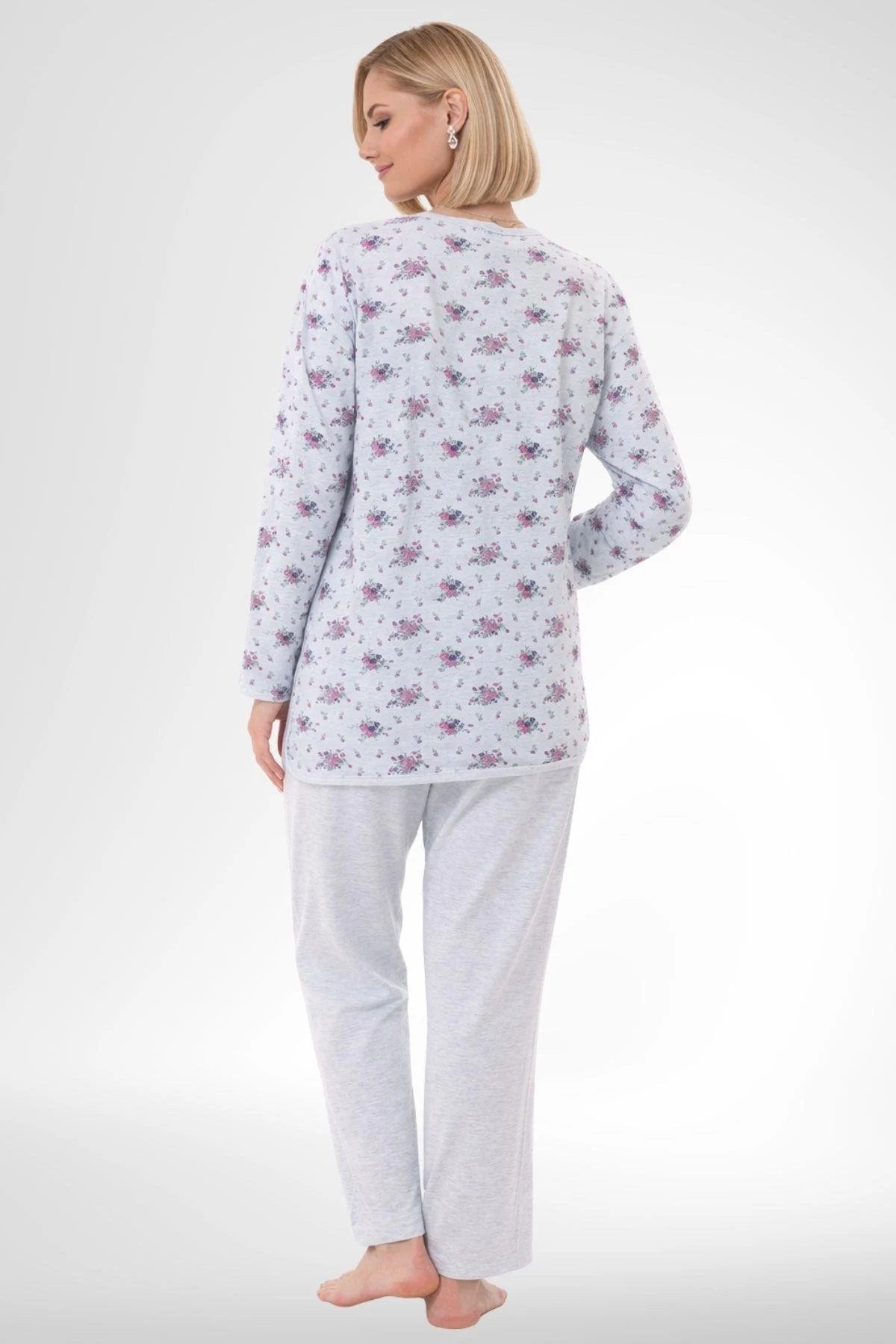 Patterned Buttoned Plus Size Maternity Feeding-Friendly Pajama Set Blue - C6315