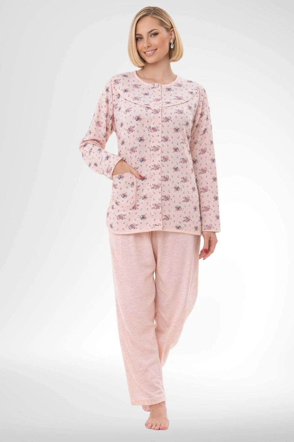 Patterned Buttoned Plus Size Maternity Feeding-Friendly Pajama Set Powder - C6315
