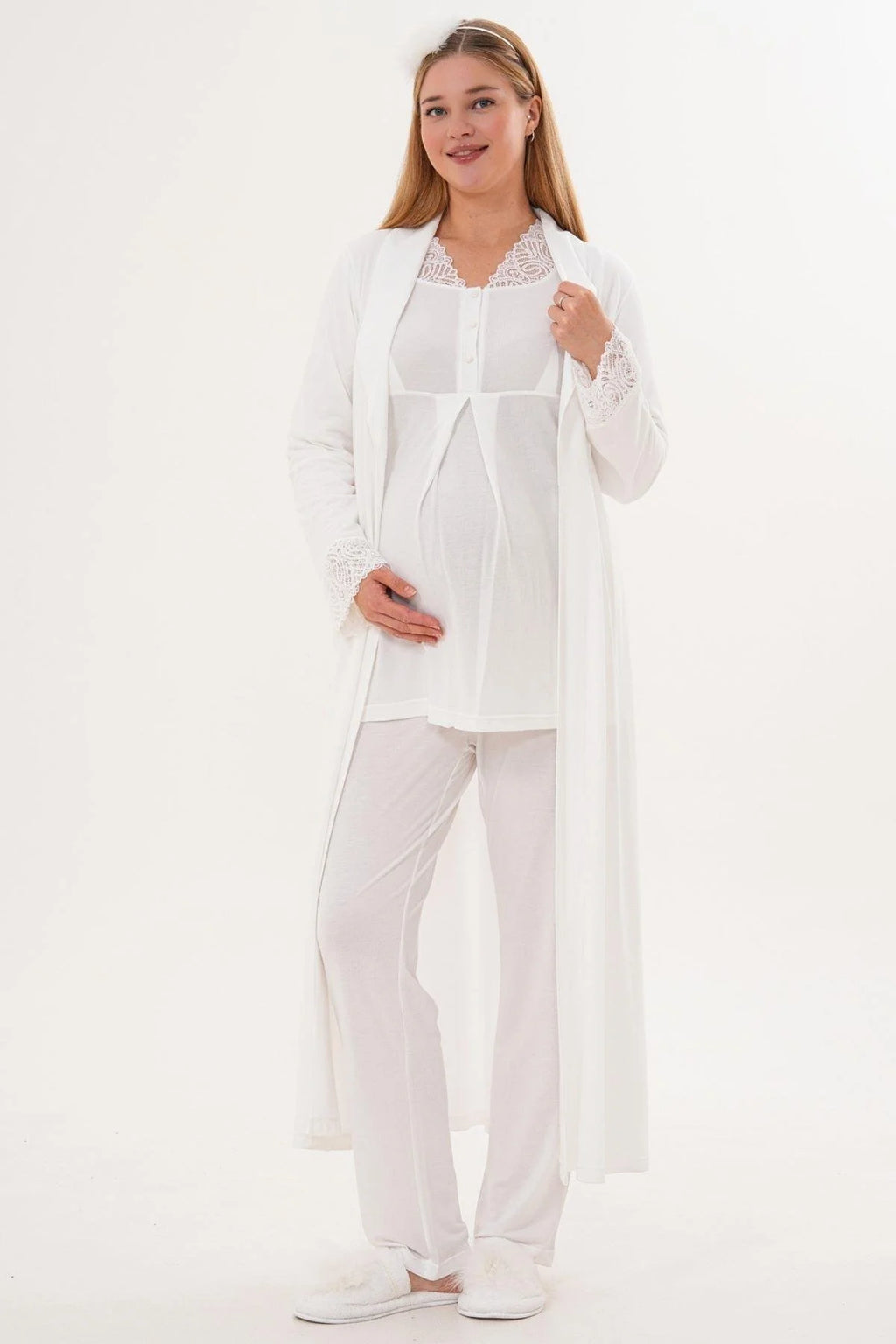 Lace Sleeve and Collar 4-Piece Maternity Feeding-Friendly Set Ecru - C6332