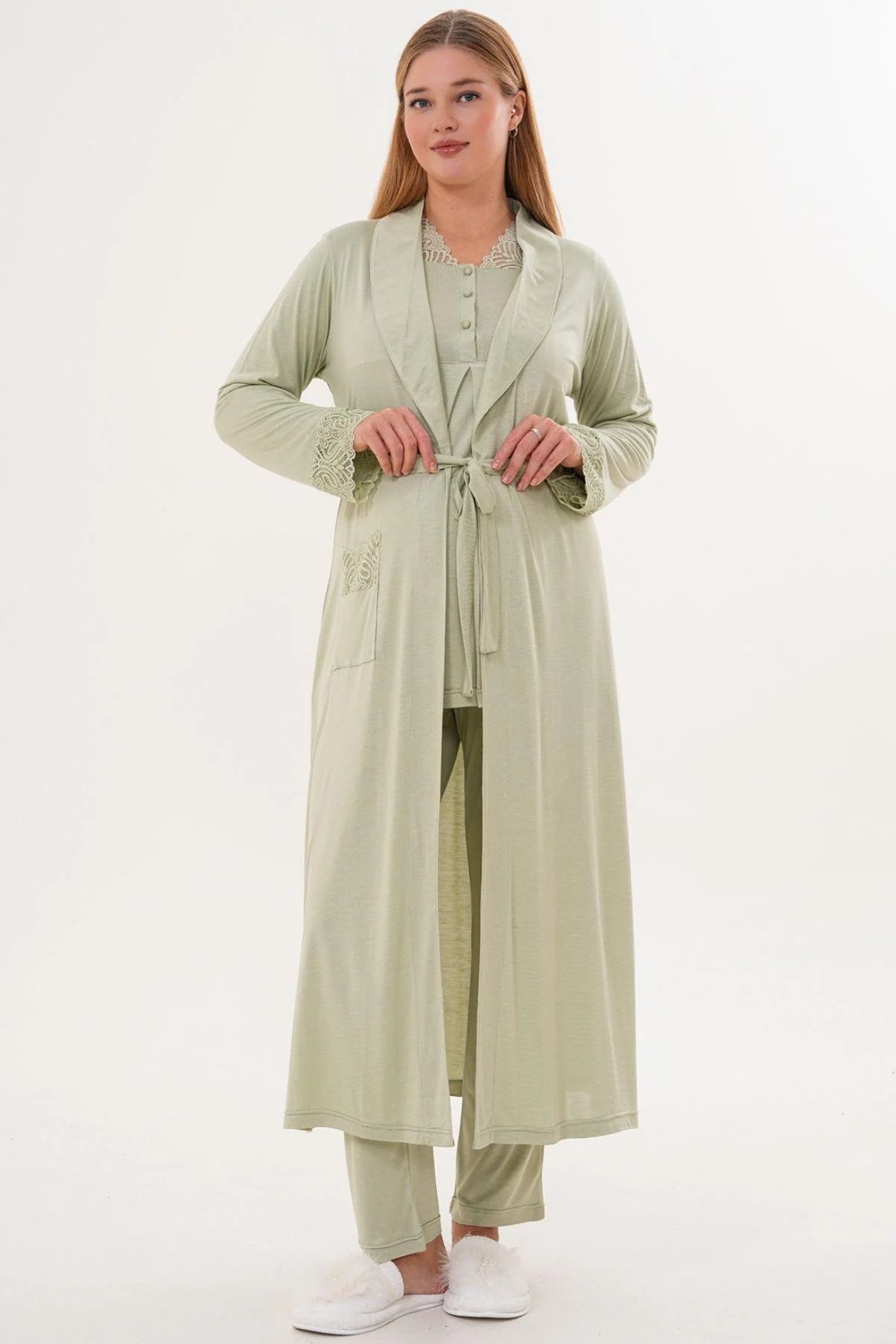 Lace Sleeve and Collar 3-Piece Maternity Feeding-Friendly Pajama & Lace Sleeve Robe Set Green - C6330