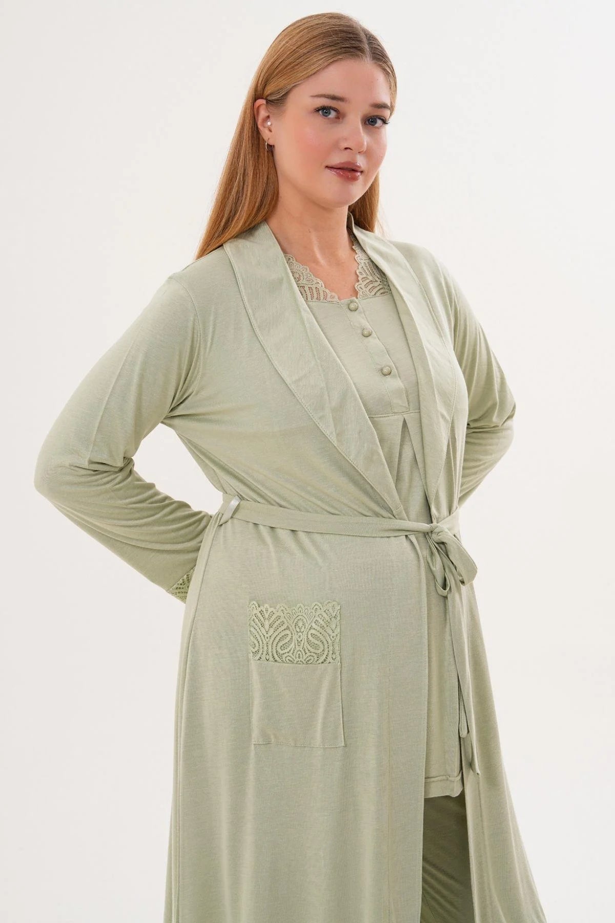 Lace Sleeve and Collar 3-Piece Maternity Feeding-Friendly Pajama & Lace Sleeve Robe Set Green - C6330