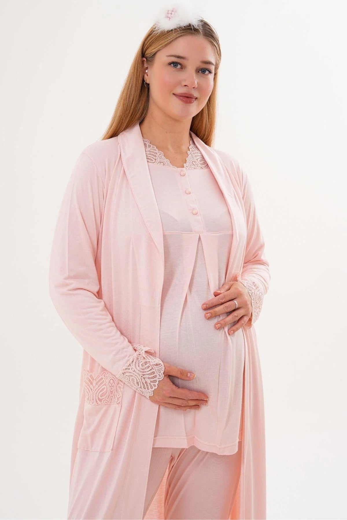 Lace Sleeve and Collar 3-Piece Maternity Feeding-Friendly Pajama & Lace Sleeve Robe Set Powder - C6330