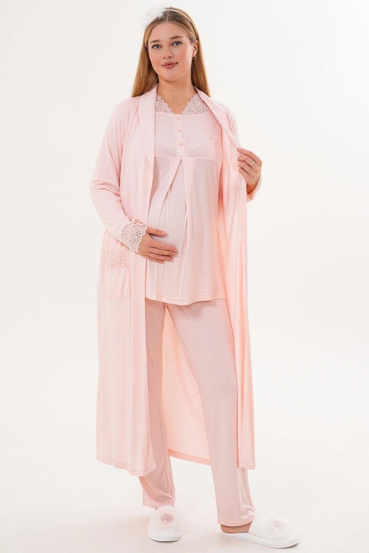Lace Sleeve and Collar 3-Piece Maternity Feeding-Friendly Pajama & Lace Sleeve Robe Set Powder - C6330