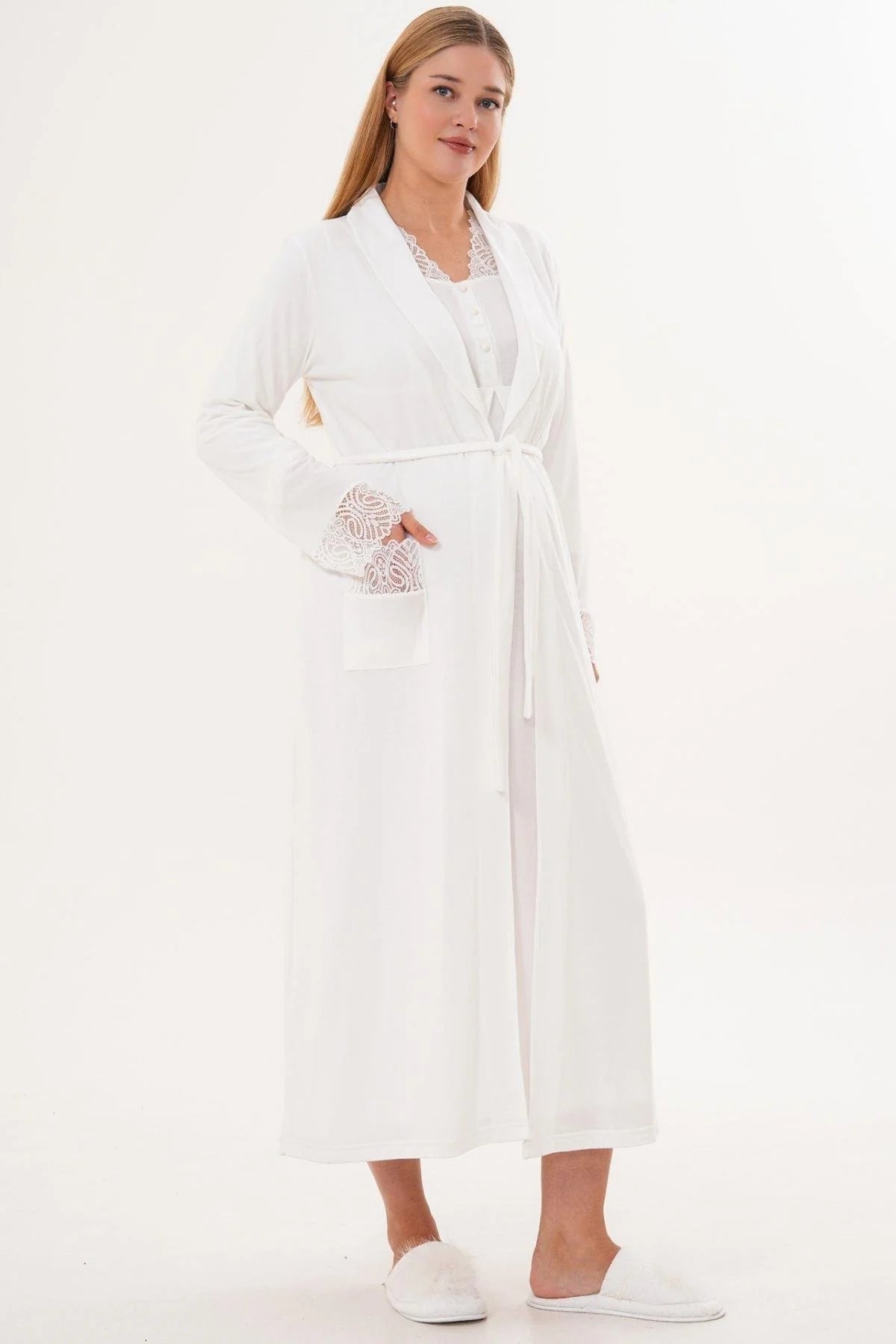 Lace Sleeve and Collar 4-Piece Maternity Feeding-Friendly Set Ecru - C6332
