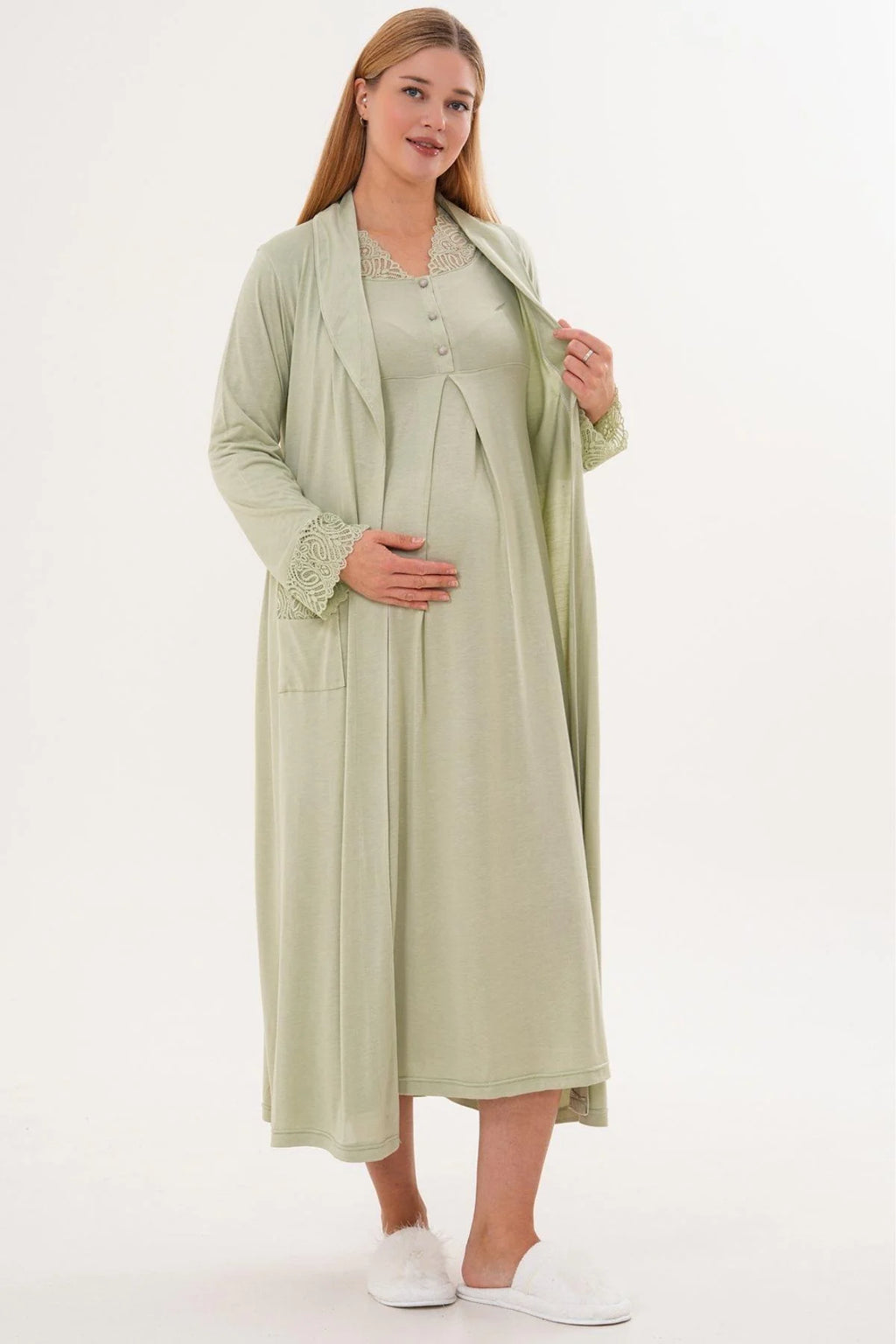 Lace Sleeve and Collar 4-Piece Maternity Feeding-Friendly Set Green - C6332
