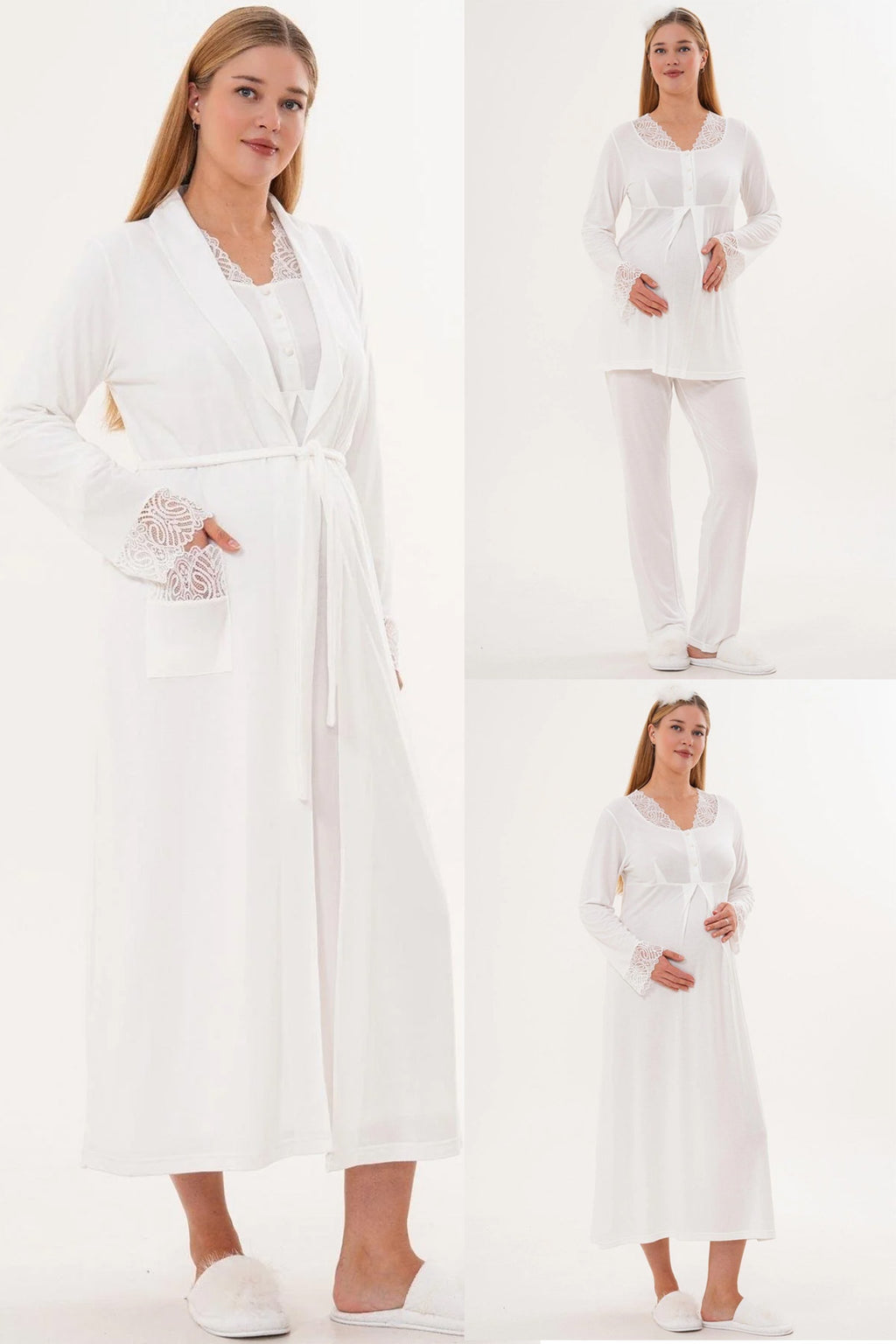 Lace Sleeve and Collar 4-Piece Maternity Feeding-Friendly Set Ecru - C6332