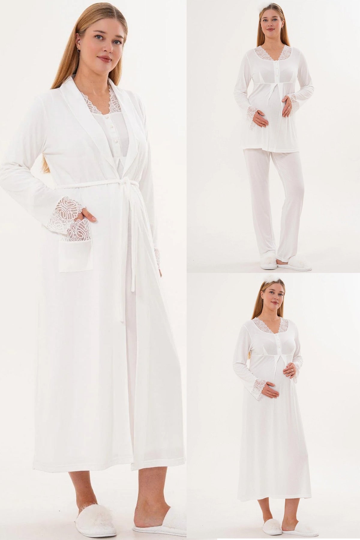 Lace Sleeve and Collar 4-Piece Maternity Feeding-Friendly Set Ecru - C6332