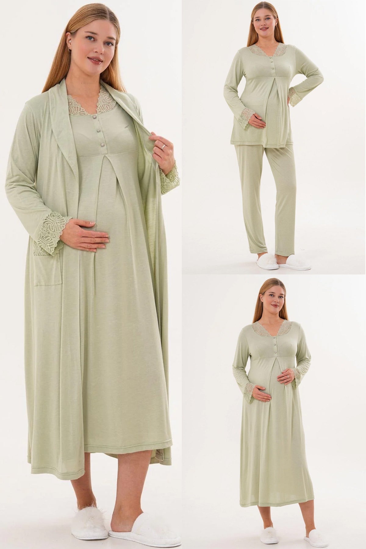 Lace Sleeve and Collar 4-Piece Maternity Feeding-Friendly Set Green - C6332