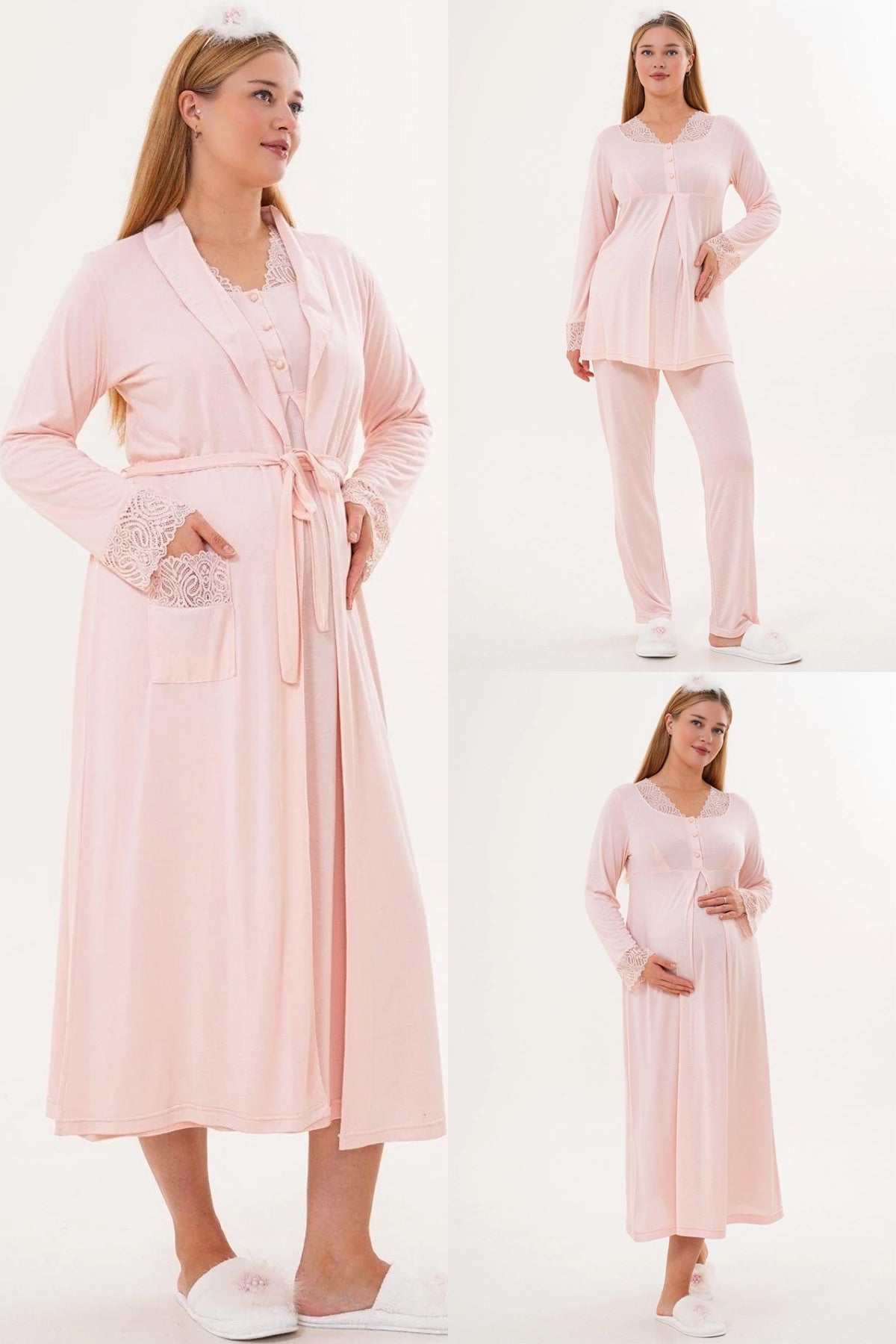 Lace Sleeve and Collar 4-Piece Maternity Feeding-Friendly Set Powder - C6332