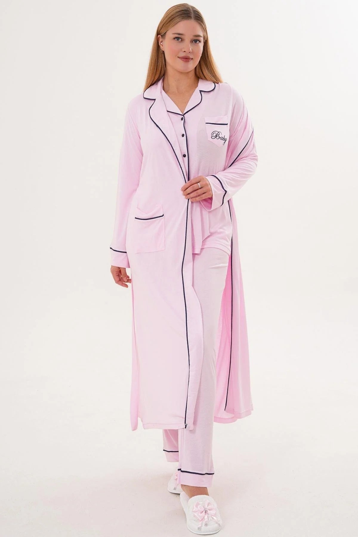 Bias Baby Printed 3-Piece Maternity Feeding-Friendly Pajama & Robe Set Pink - C6333