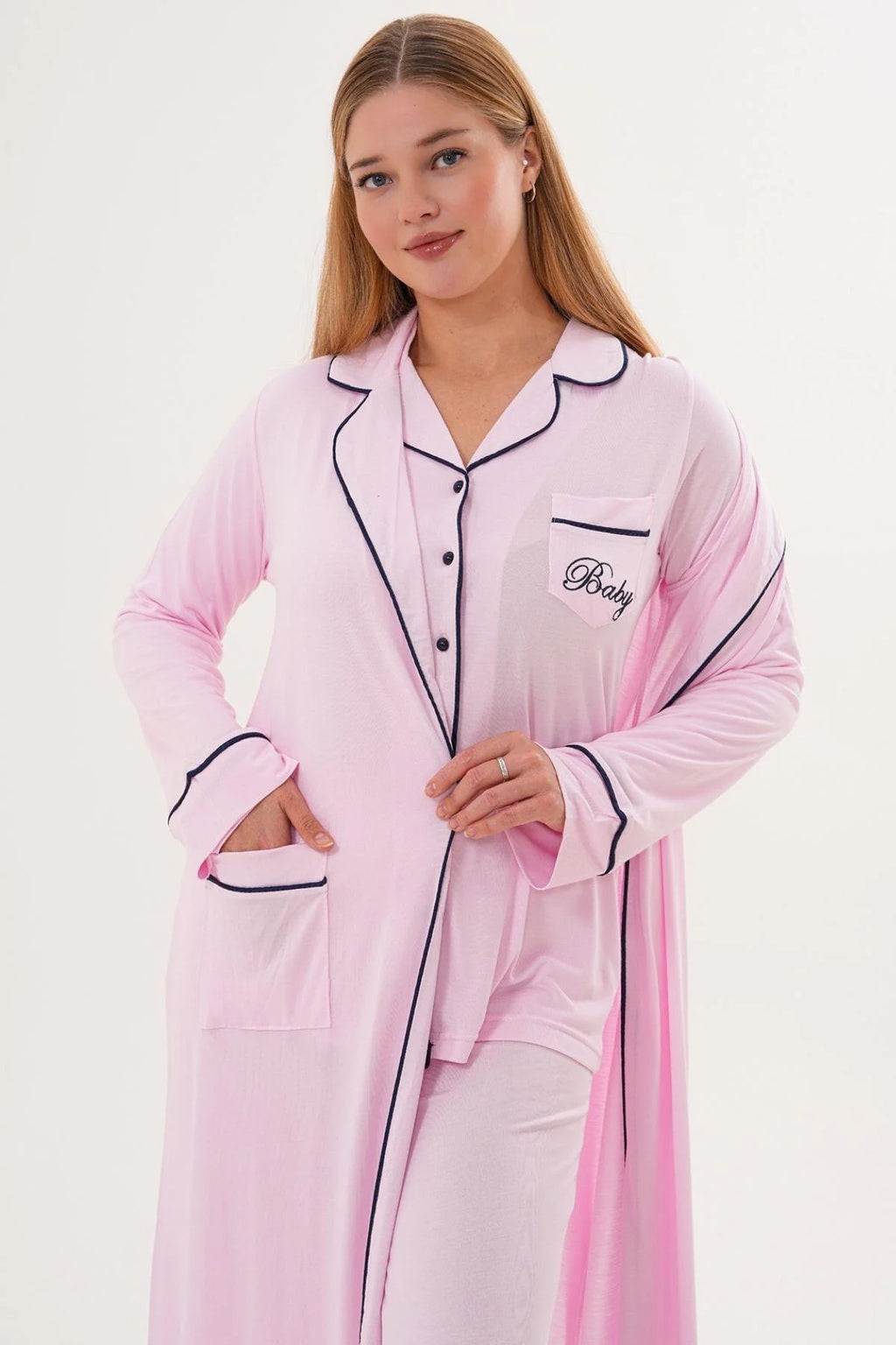 Bias Baby Printed 3-Piece Maternity Feeding-Friendly Pajama & Robe Set Pink - C6333