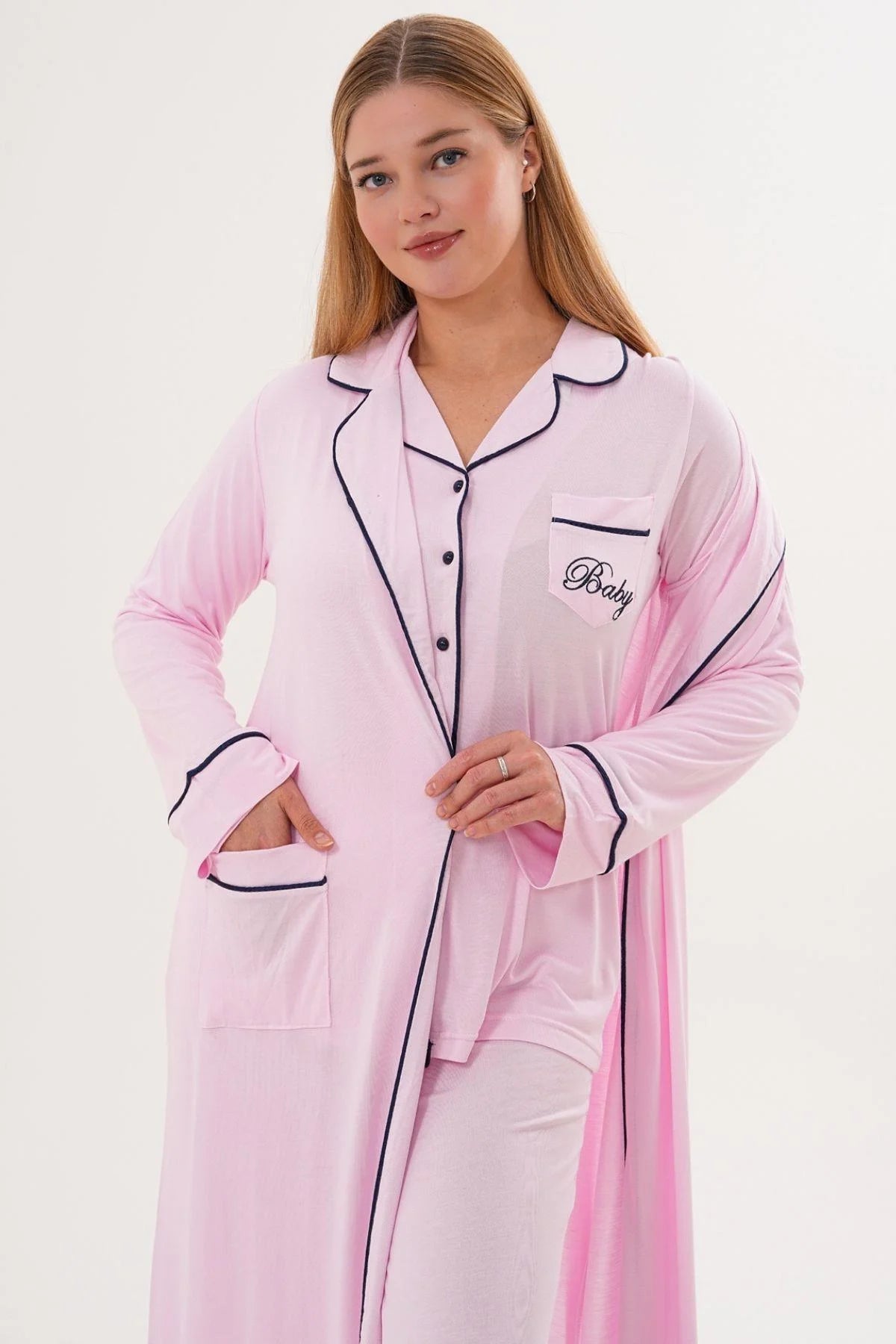 Bias Baby Printed 3-Piece Maternity Feeding-Friendly Pajama & Robe Set Pink - C6333