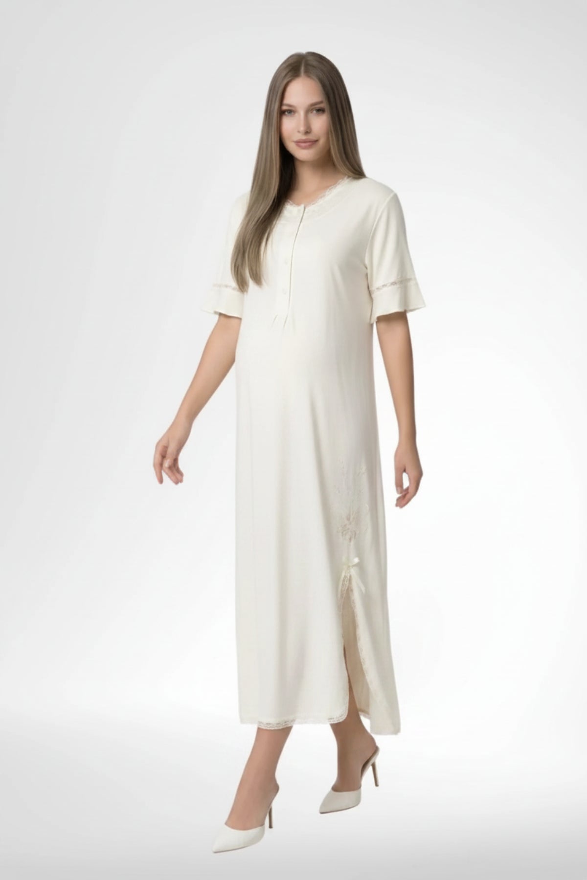 Lacy Edge Maternity Feeding-Friendly Nightgown Ecru - C6379