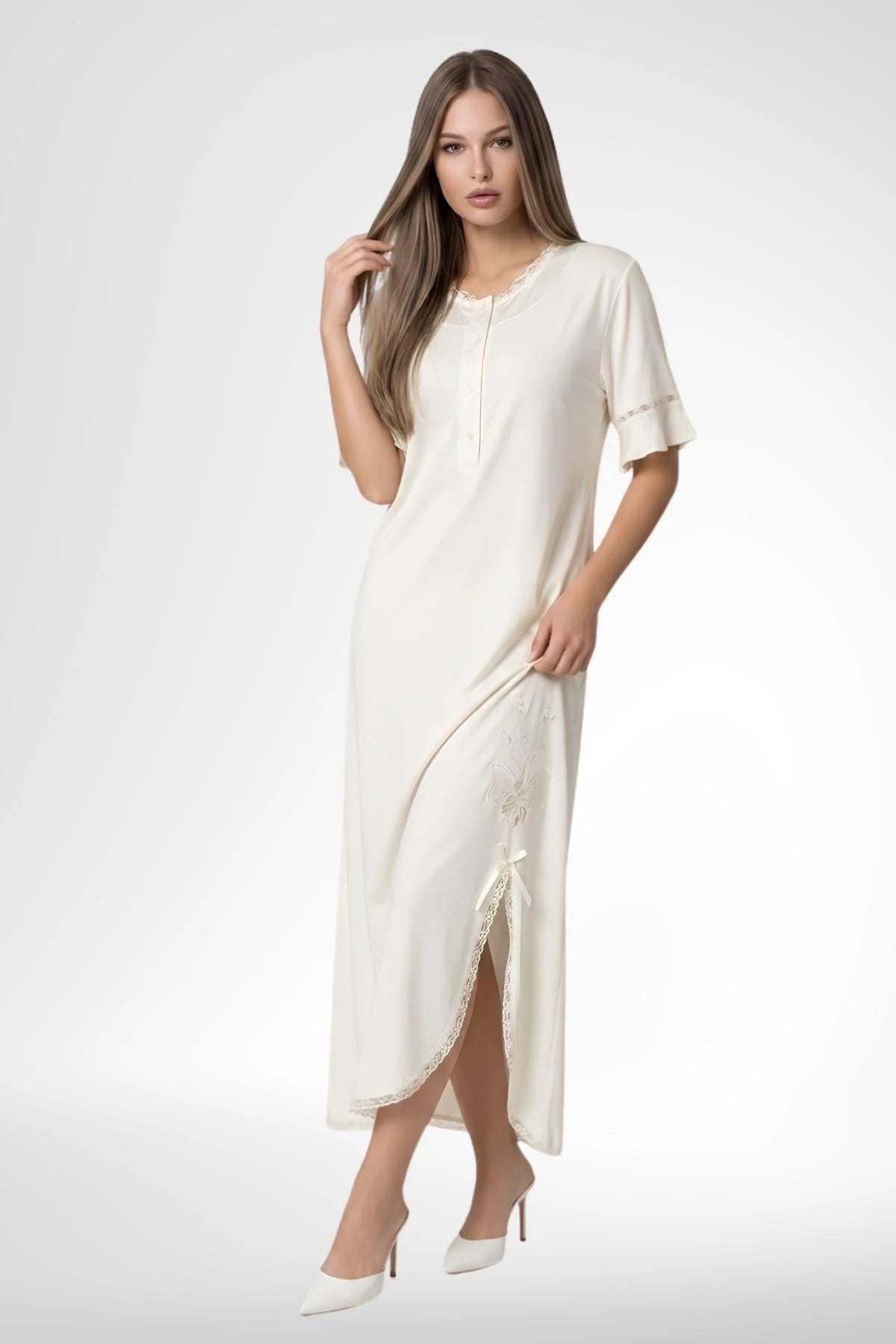 Lacy Edge Maternity Feeding-Friendly Nightgown Ecru - C6379