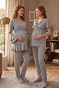 Pleated Wrap 3-Piece Maternity Feeding-Friendly Pajama & Robe Set Grey - C6403