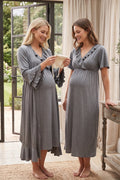 Pleated Wrap Maternity Feeding-Friendly Nightgown & Robe Set Charcoal - C6404