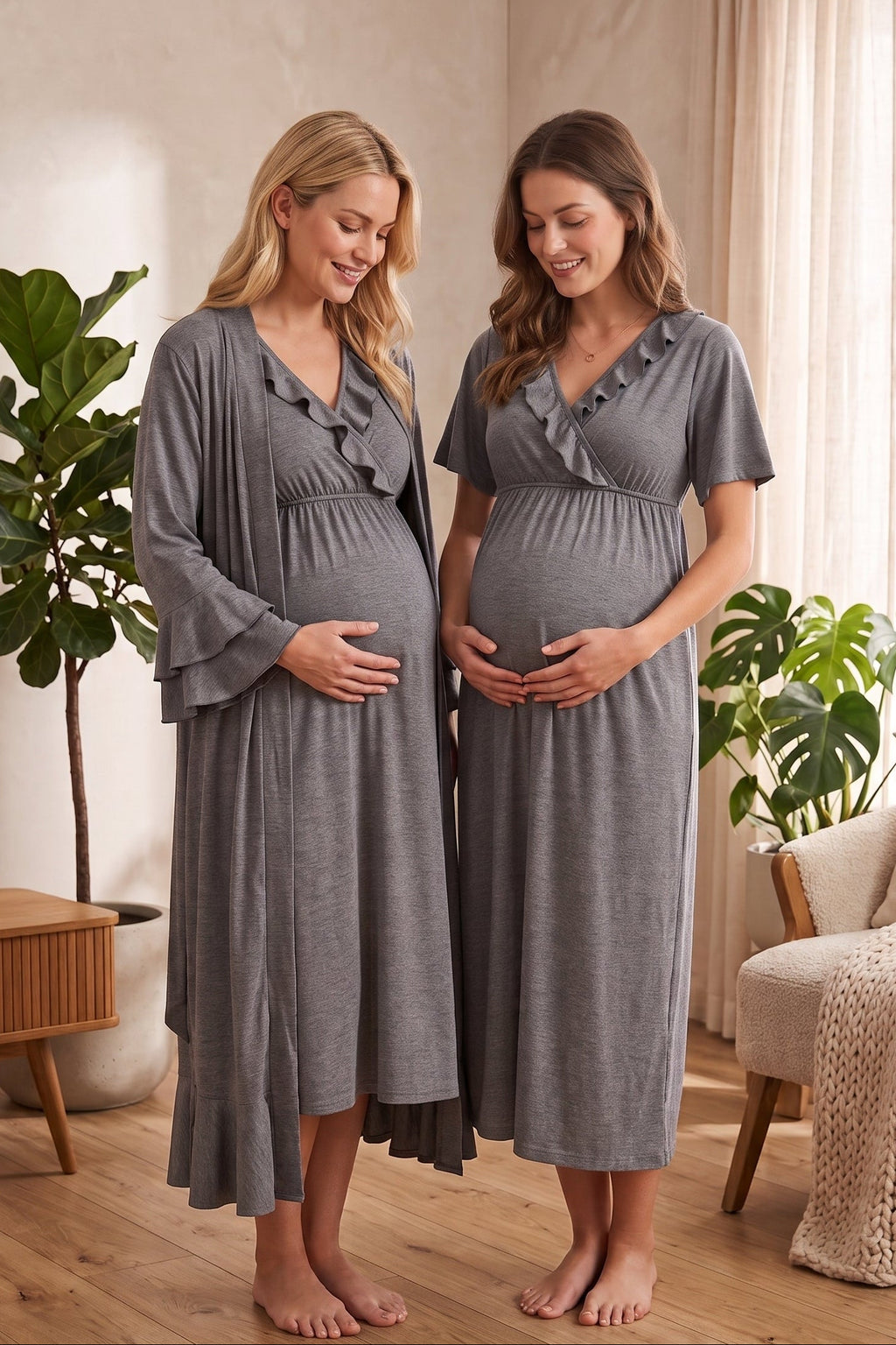 Pleated Wrap Maternity Feeding-Friendly Nightgown & Robe Set Charcoal - C6404