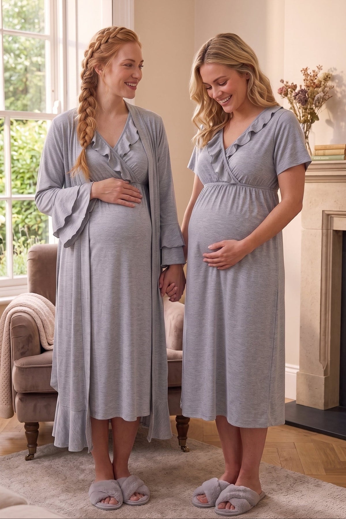 Pleated Wrap Maternity Feeding-Friendly Nightgown & Robe Set Grey - C6404