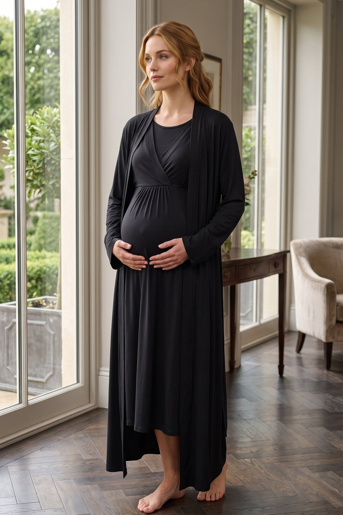 Breastfeeding Detailed Maternity Feeding-Friendly Nightgown & Robe Set Black - L653