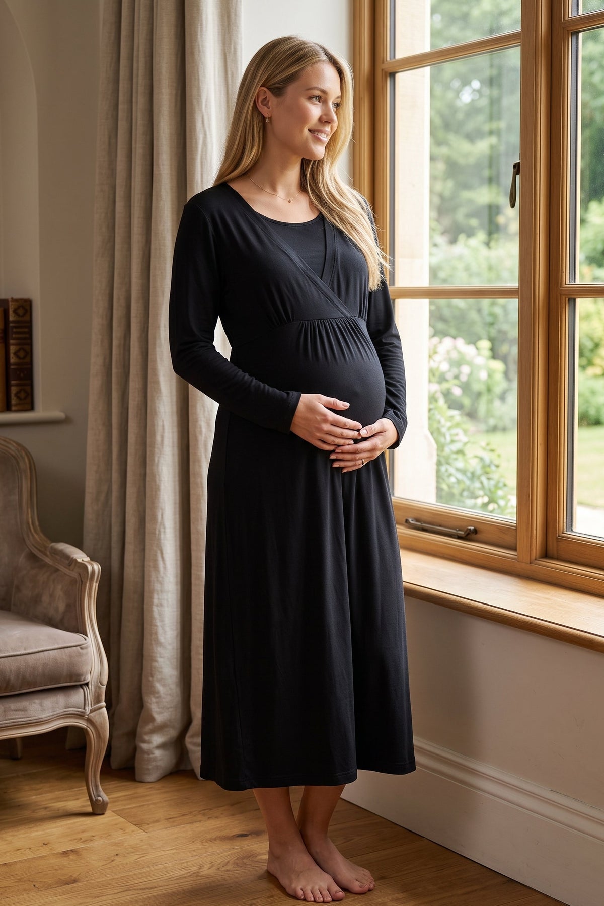 Breastfeeding Detailed Maternity Feeding-Friendly Nightgown & Robe Set Black - L653
