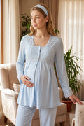 Lace Collar Maternity Feeding-Friendly Pajama Set Blue - T7012