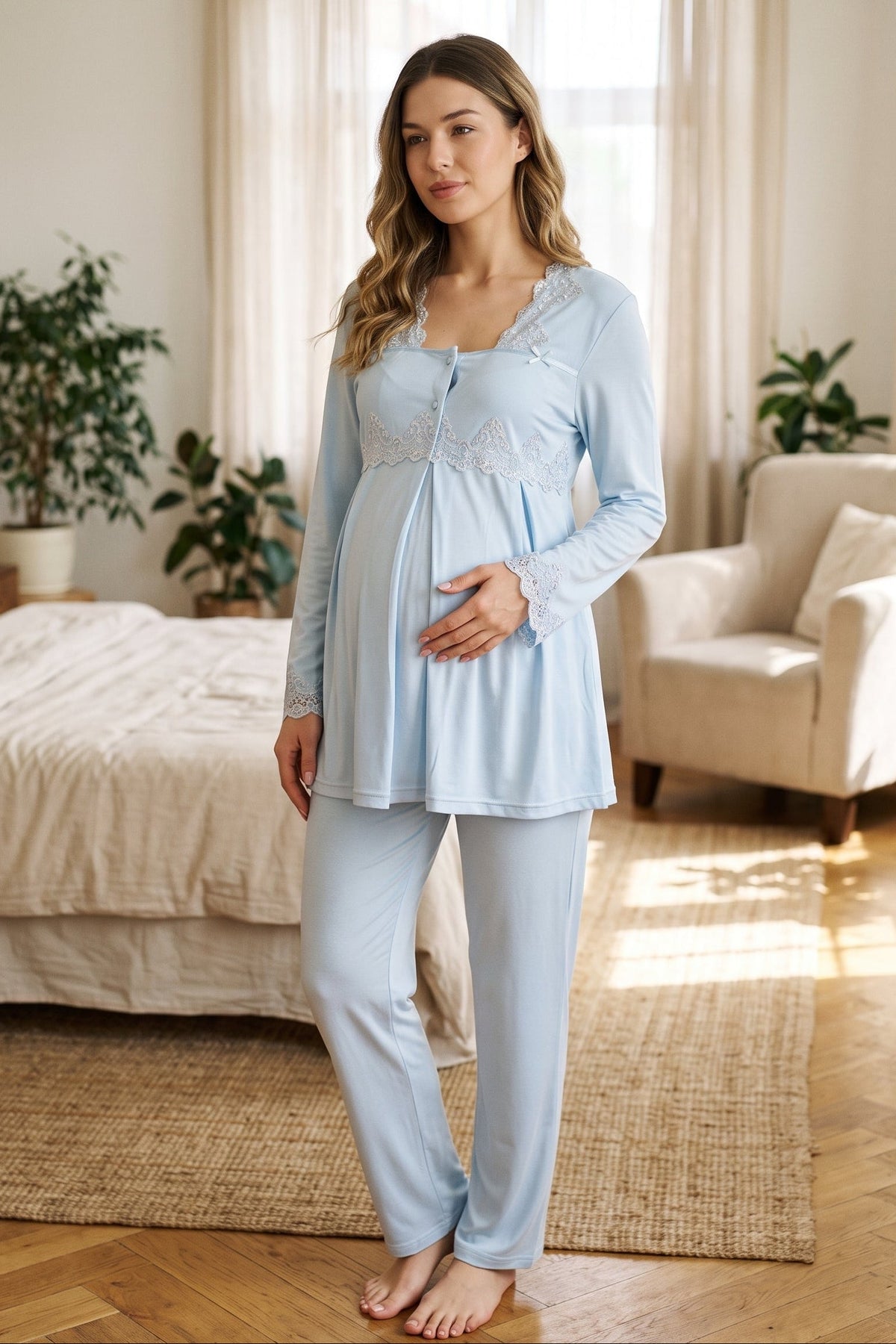 Lace Collar Maternity Feeding-Friendly Pajama Set Blue - T7012
