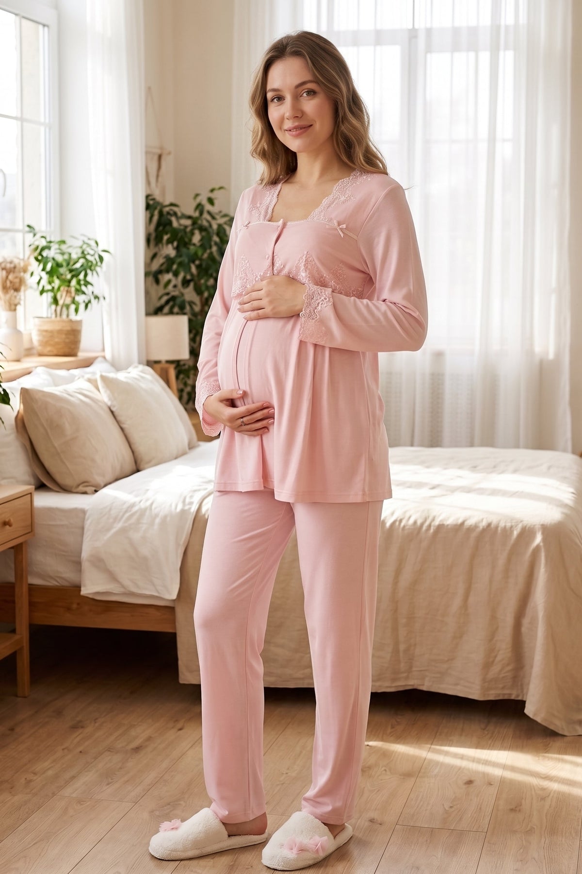 Lace Collar Maternity Feeding-Friendly Pajama Set Pink - T7012