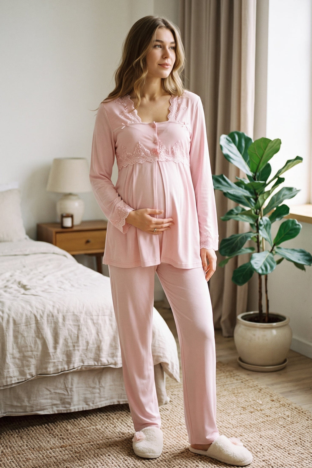 Lace Collar Maternity Feeding-Friendly Pajama Set Pink - T7012