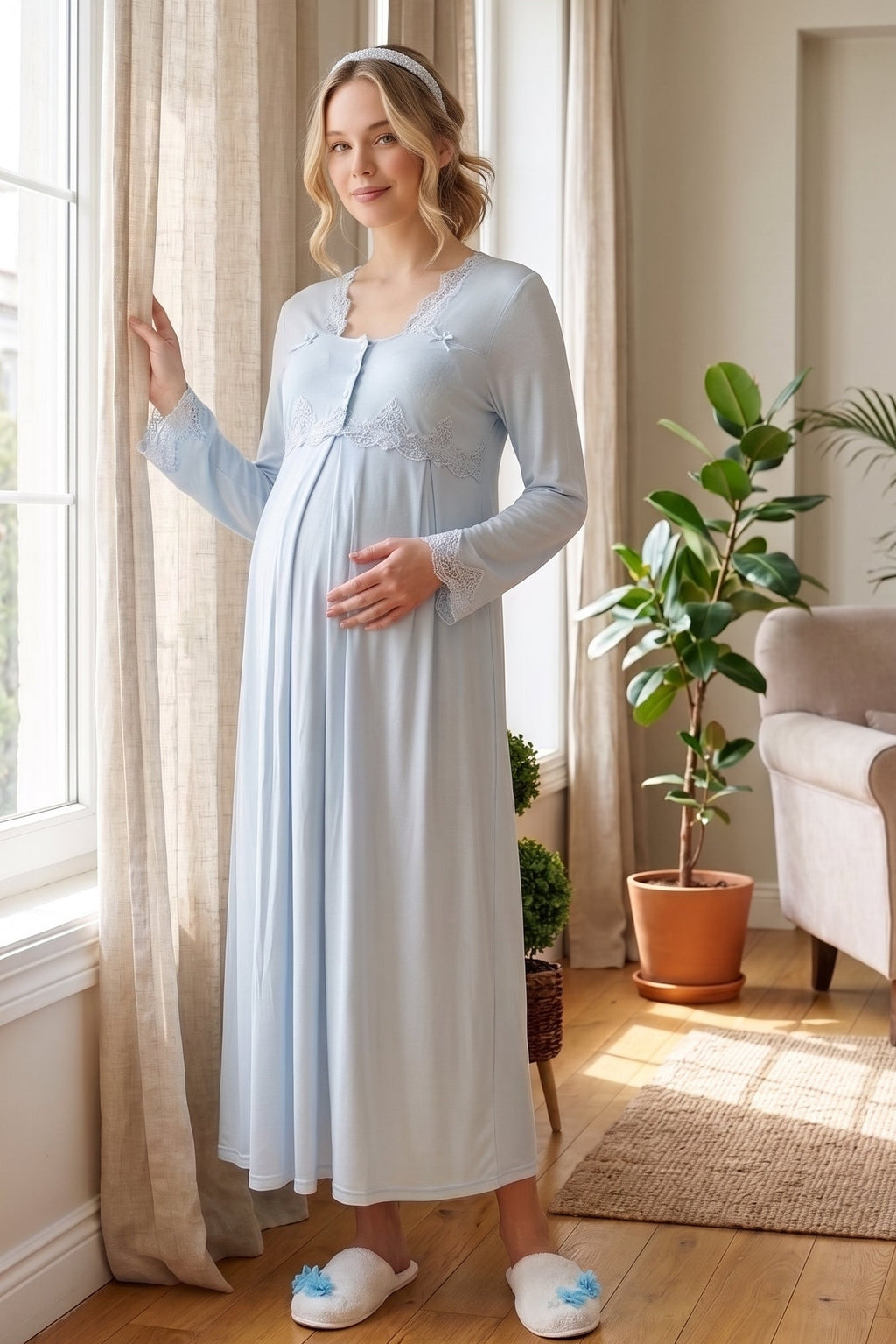 Lace Collar Maternity Feeding-Friendly Nightgown Blue - T7013