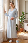 Lace Collar Maternity Feeding-Friendly Nightgown Blue - T7013