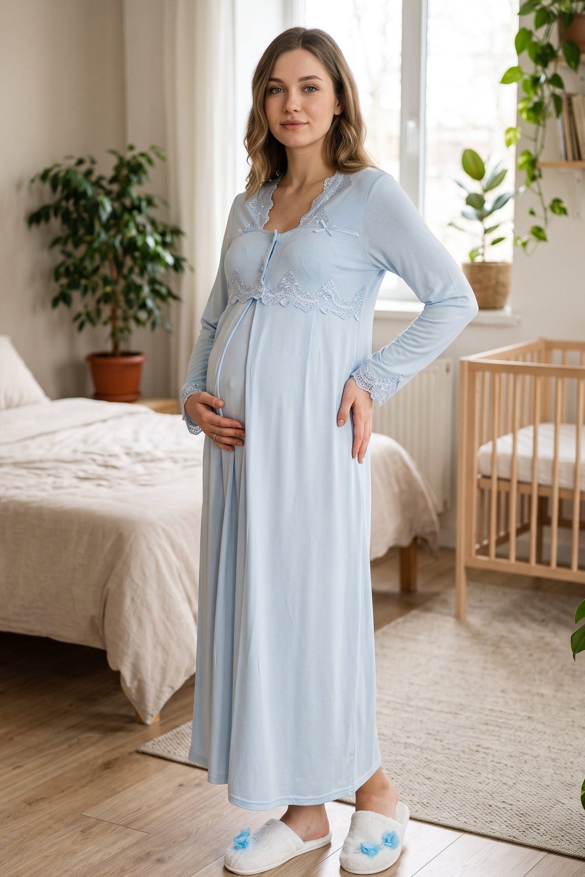 Lace Collar Maternity Feeding-Friendly Nightgown Blue - T7013